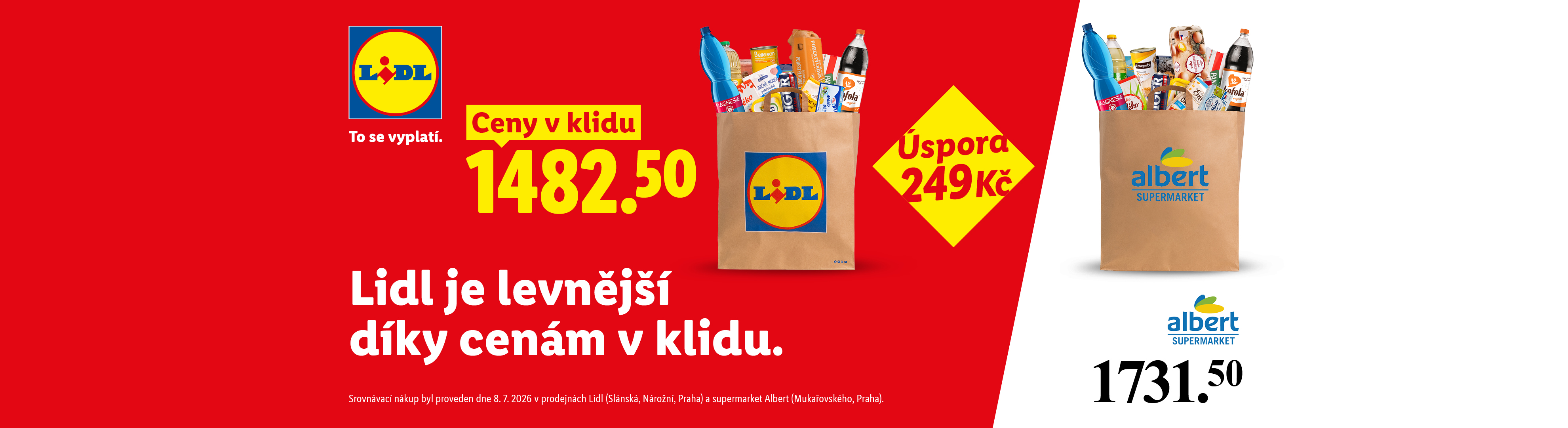 Srovnání cen nákupu potravin v Lidlu (1482.50 Kč) a Albertu (1731.50 Kč), Lidl je levnější o 249 Kč.