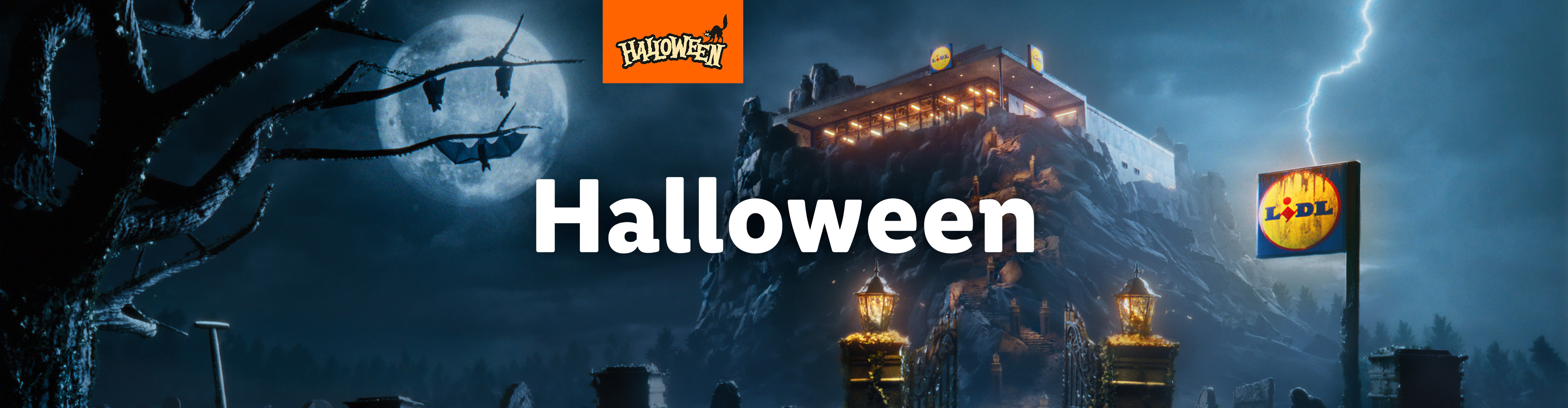 Lidl Halloween banner s hradem, hřbitovem a netopýry pod měsíčním svitem.