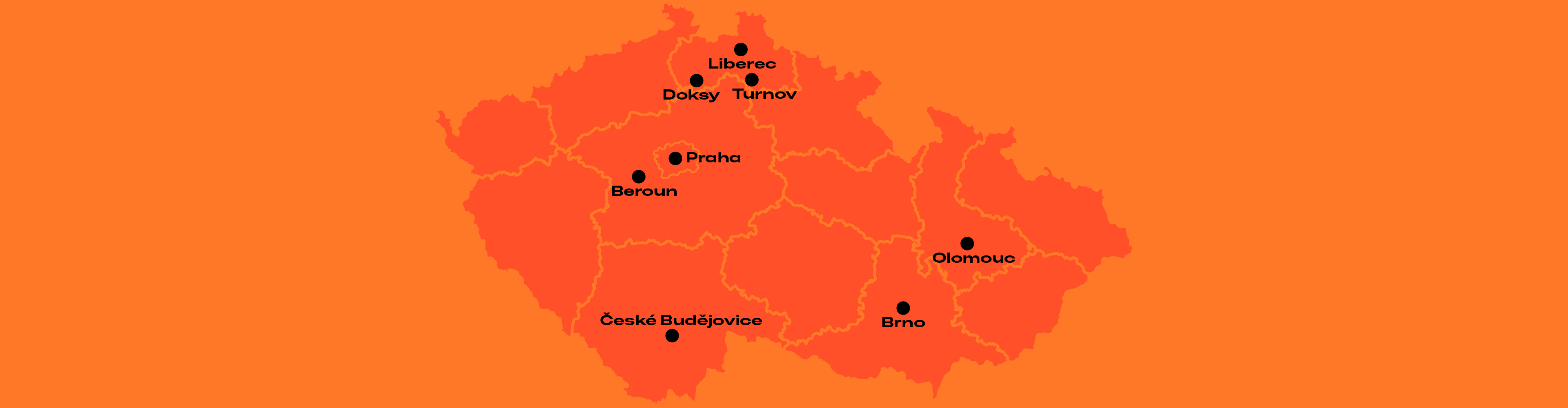 Mapa České republiky s vyznačenými místy, kde bude CRIVIT tour - Liberec, Doksy, Turnov, Praha, Beroun, České budějovice, Brno, Olomouc