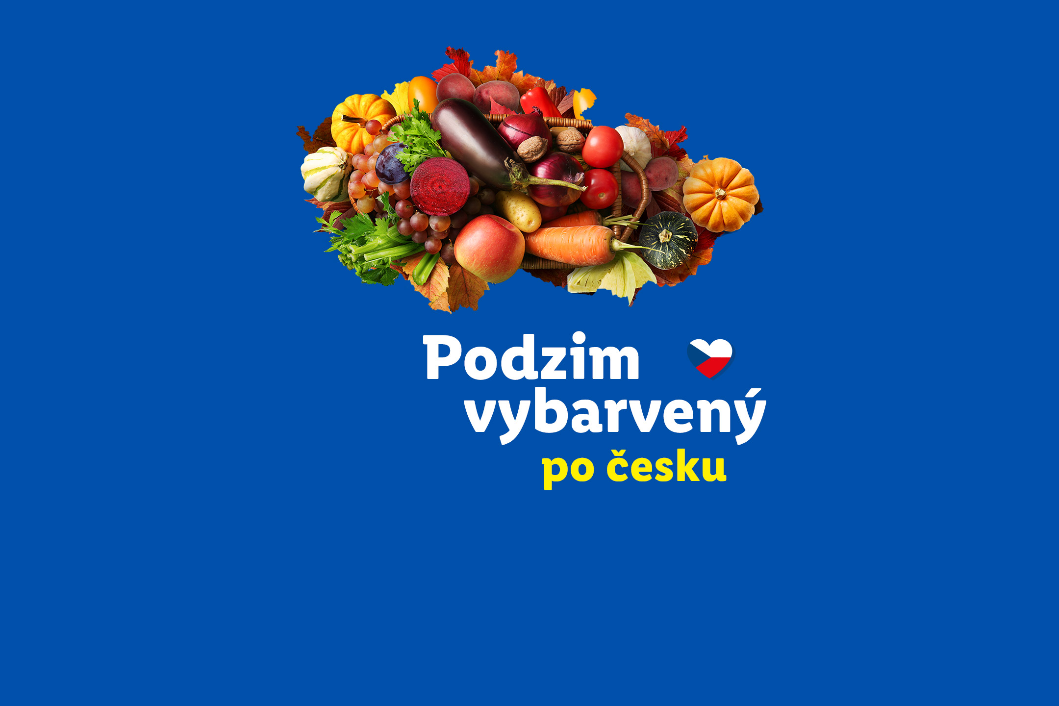 Podzimní aranžmá z ovoce a zeleniny ve tvaru České republiky s nápisem Podzim vybarvený po česku.