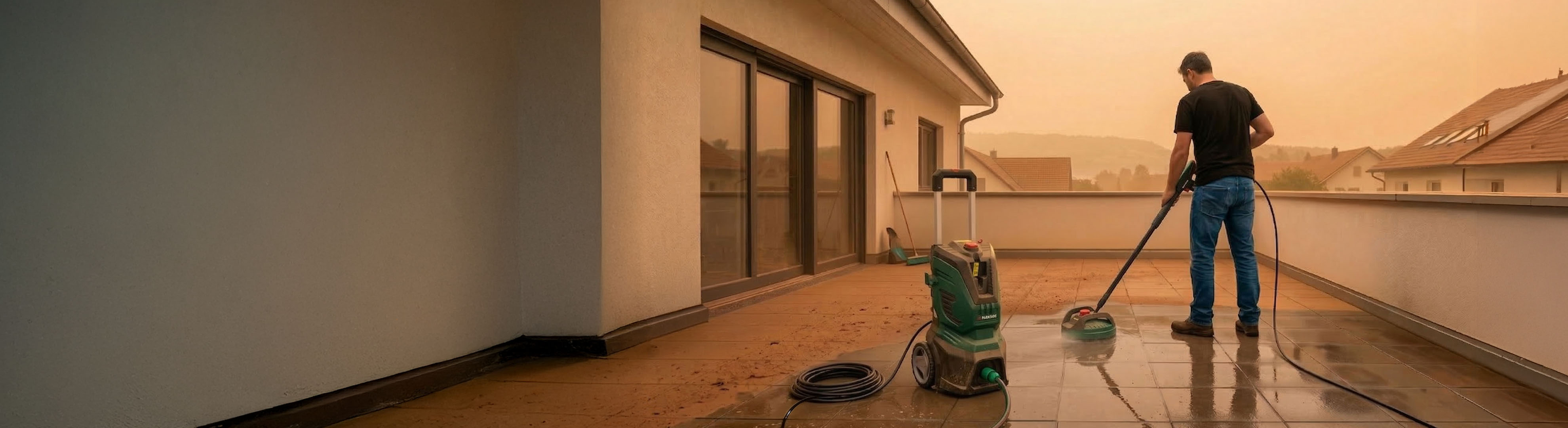 Muž čistí terasu tlakovou myčkou pod načervenalou oblohou.