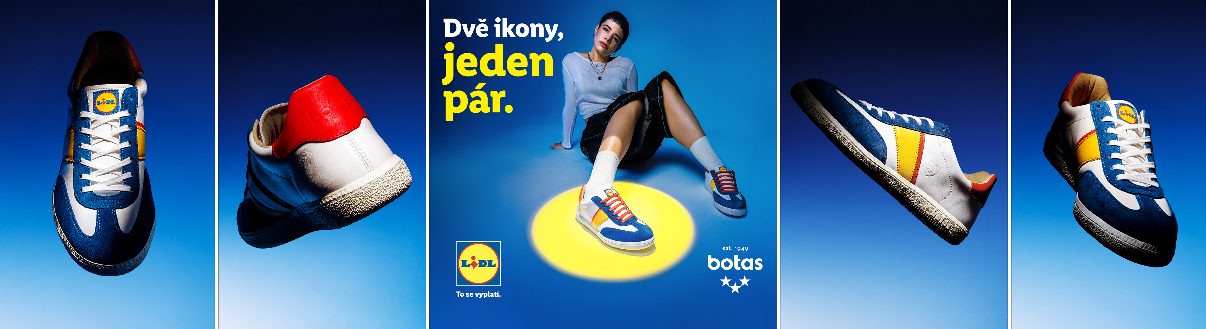 Reklama na tenisky v barvách supermarketu s textem „Dvě ikony, jeden pár.“