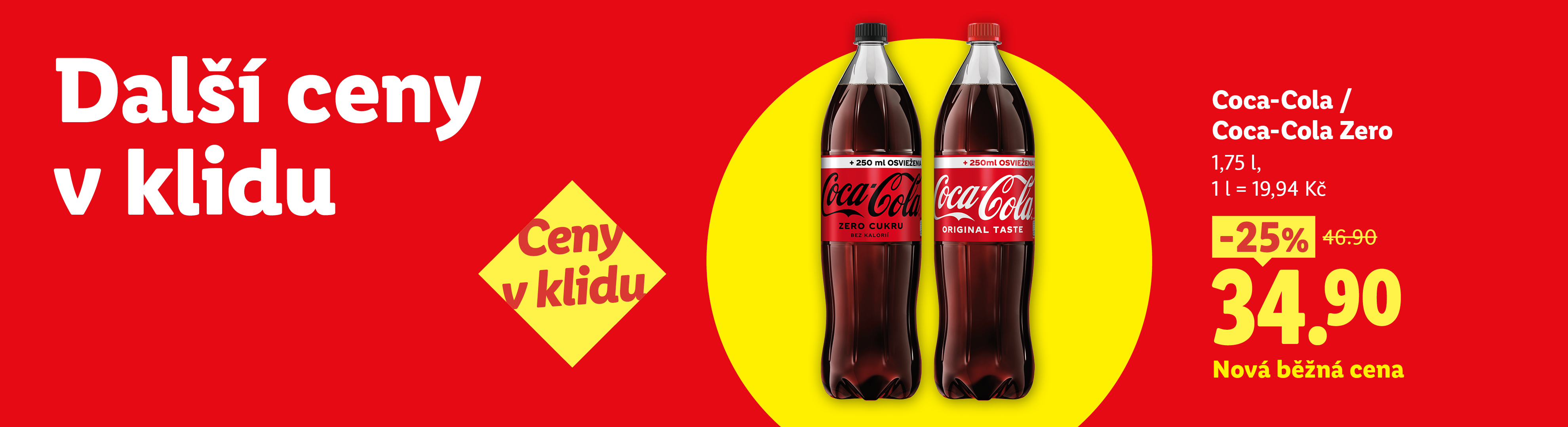 Dvě lahve coly, jedna klasická a jedna bez cukru, s cenou 34,90 Kč a slevou 25 %.