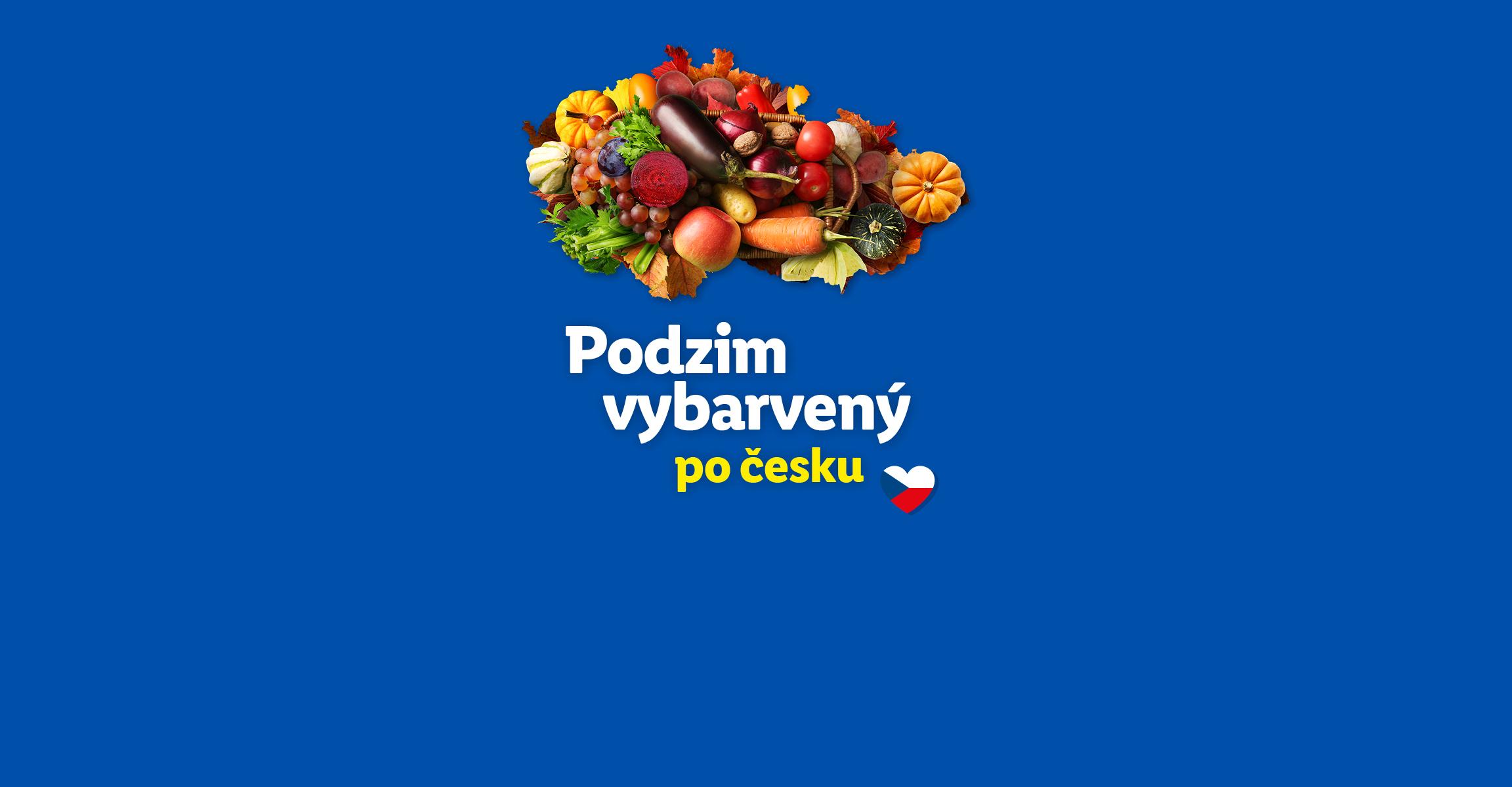 Podzimní zelenina a ovoce uspořádané do tvaru České republiky s nápisem Podzim vybarvený po česku.