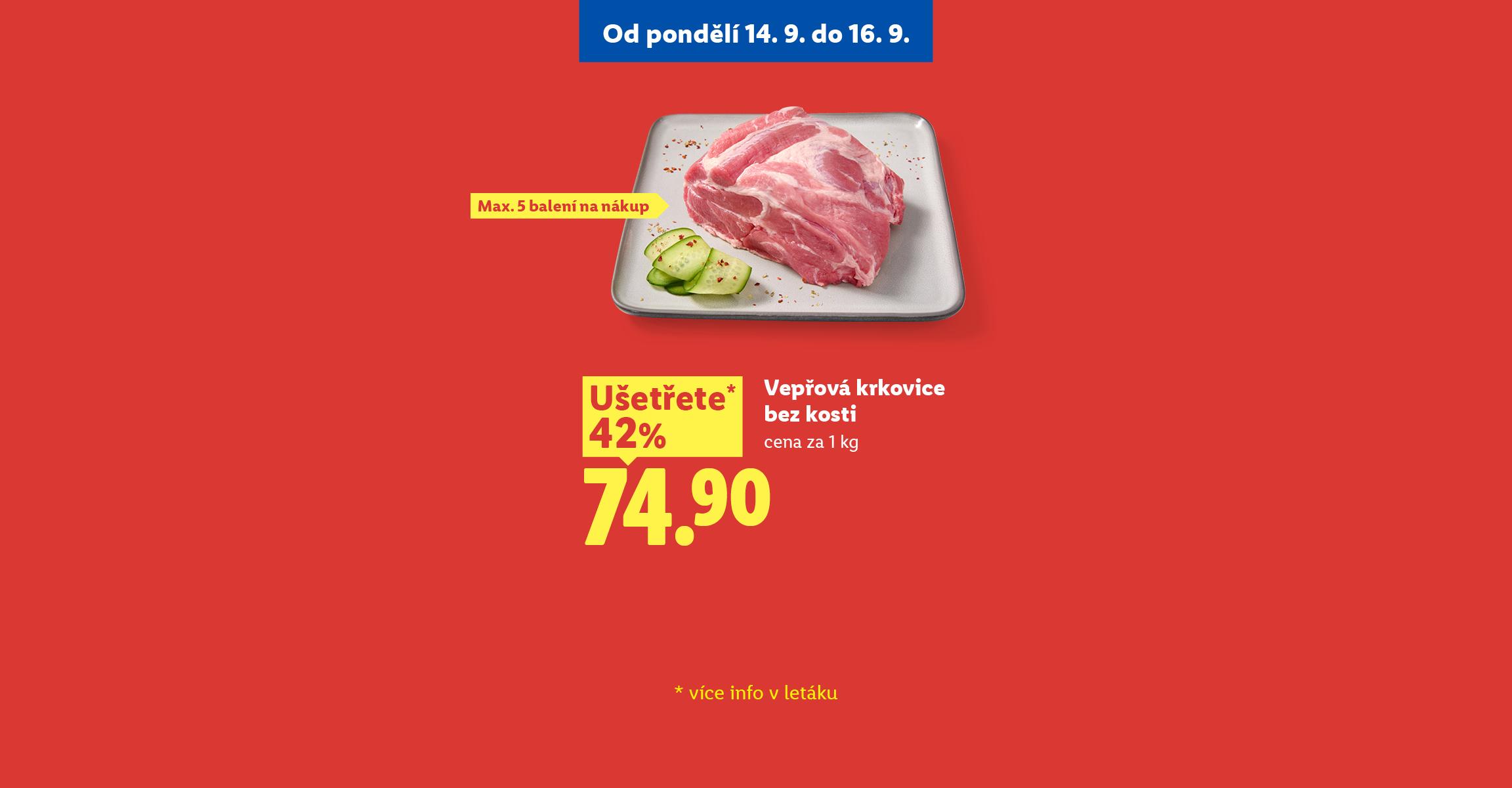 Akční nabídka vepřové krkovice za 74,90 Kč, vajec 30 kusů za 74,90 Kč a borůvek 125 g s lidl plus za 24,90 Kč, platná od pondělí 14. 9. do 16. 9.