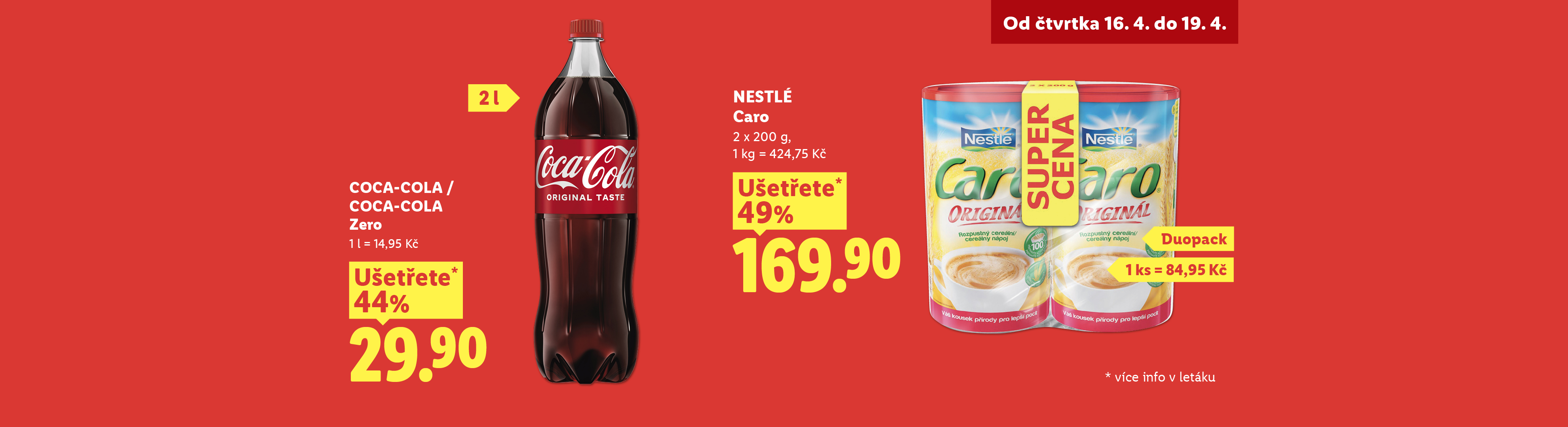 Reklamní leták s nabídkou nápojů: velká láhev coly a dvě balení cereálního nápoje.