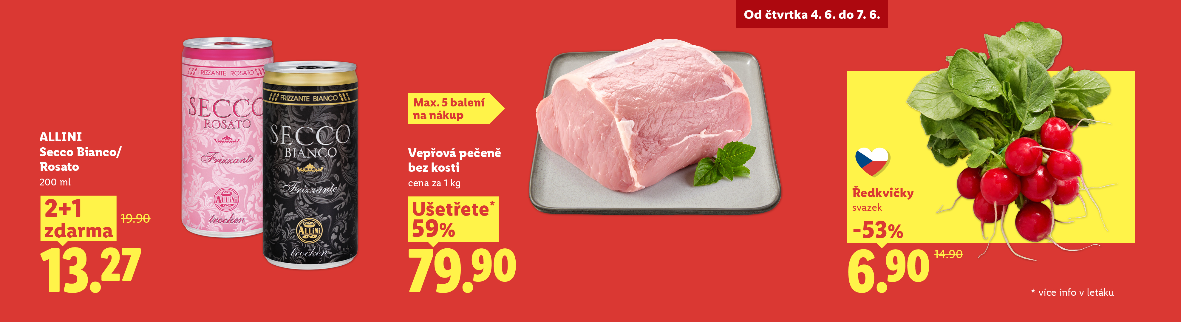 Leták s nabídkou vepřové pečeně, ředkviček a šumivého vína v plechovce.