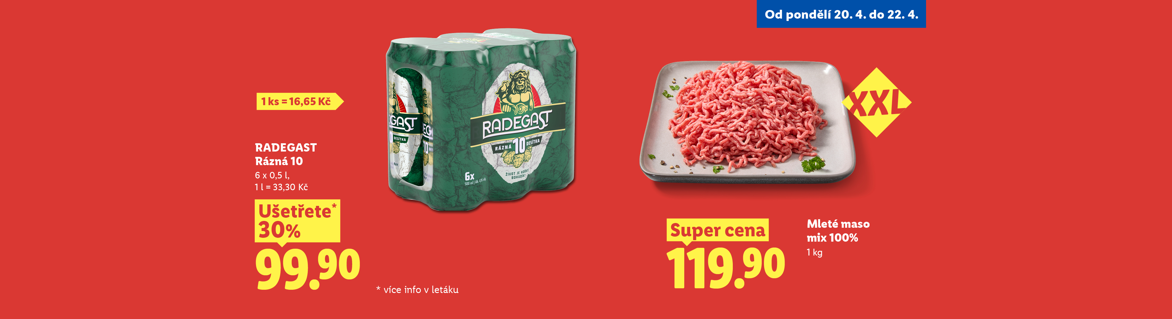 Reklama na pivo v balení po šesti a mleté maso, s cenami a slevami.