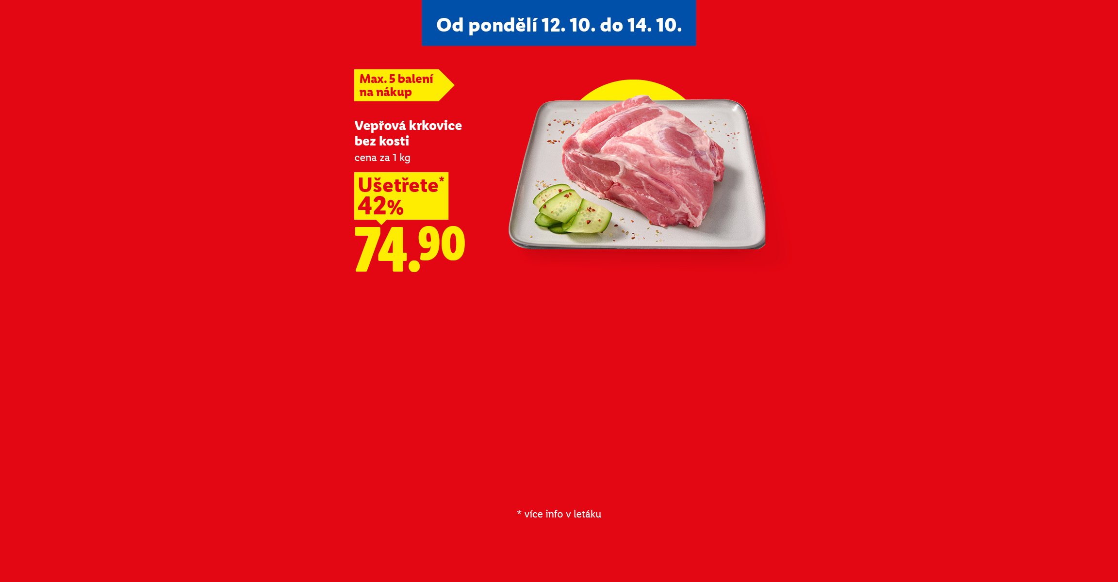 Akční nabídka potravin s červenými jablky za 17,90 kč, vepřovou krkovicí za 74,90 kč a hermelínem za 59,90 kč.