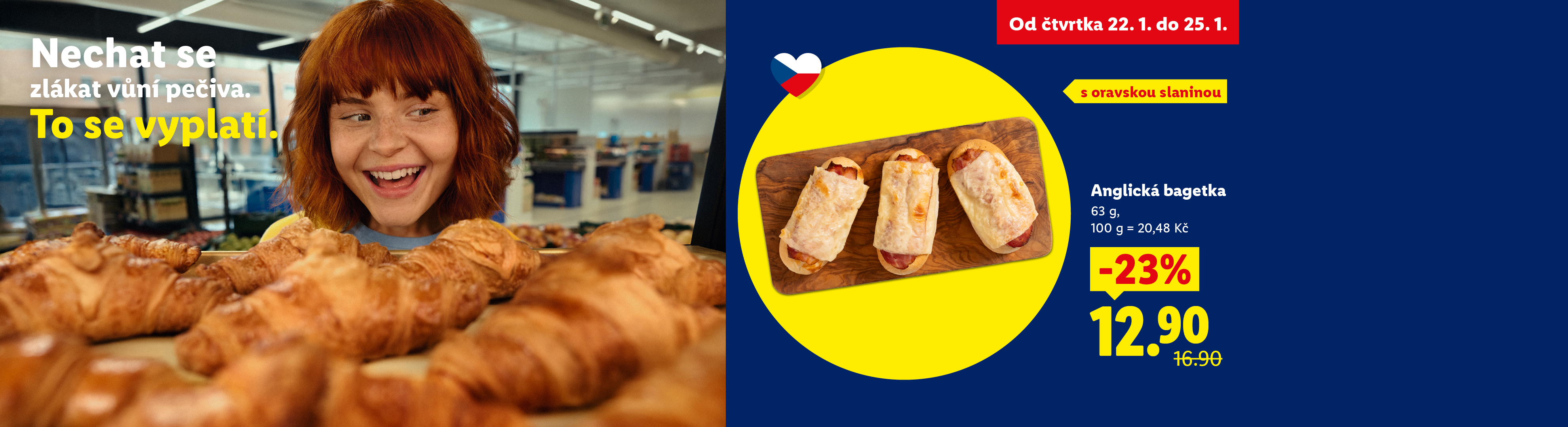 Mladá žena se usmívá na čerstvé croissanty, vpravo anglické bagetky se slaninou v akci za 12,90 Kč