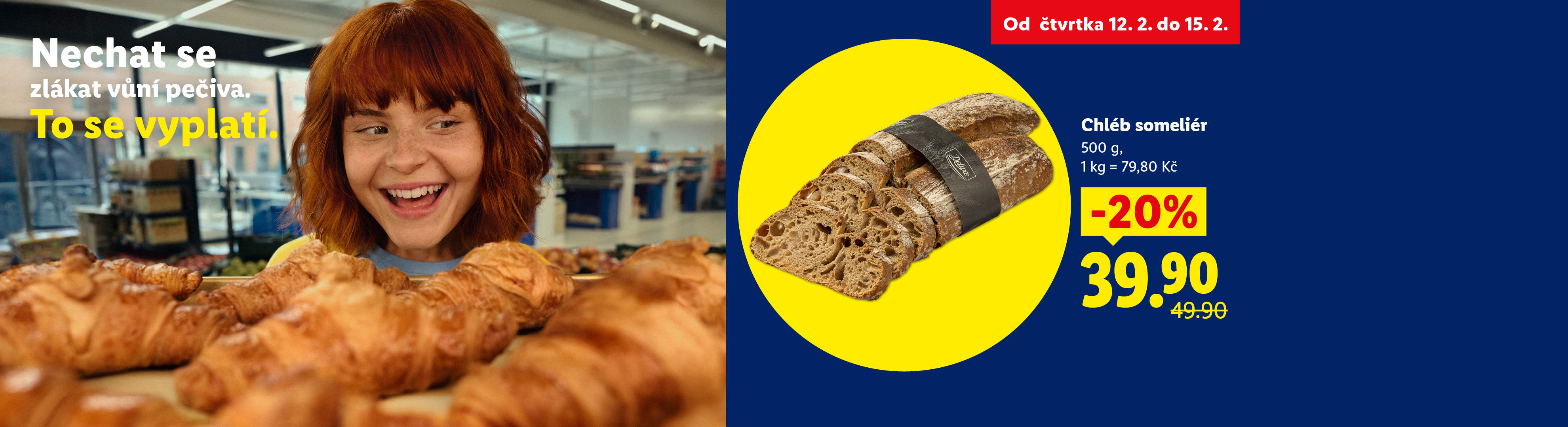 Mladá žena se usmívá na čerstvé pečivo, zatímco vedle je nabídka na krájený chléb se slevou 20% za 39,90 Kč.