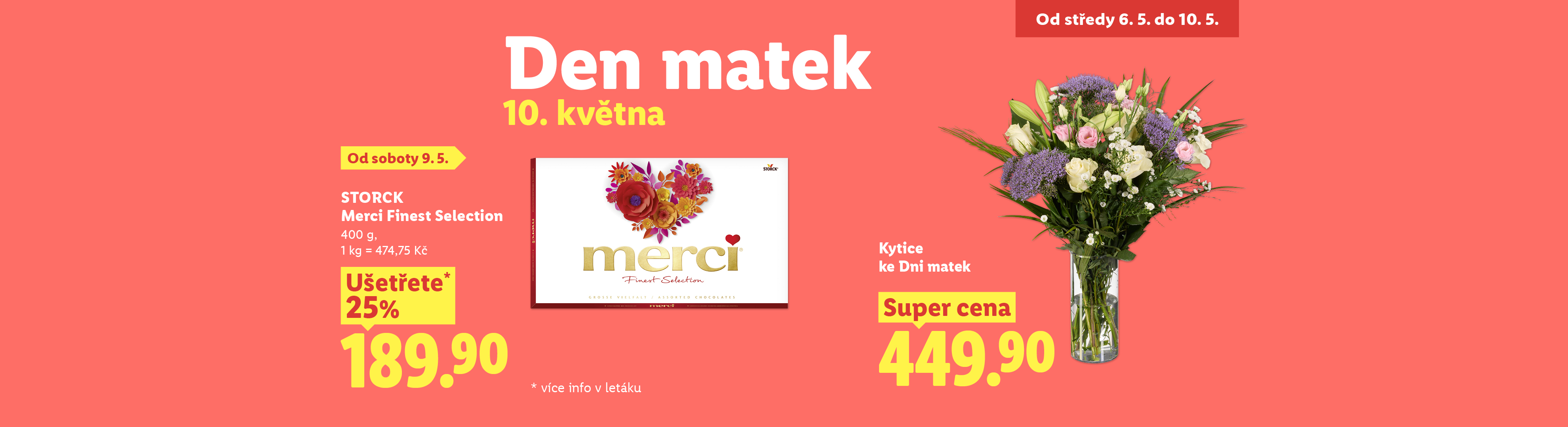 Kytice a bonboniéra s nápisem Den matek 10. května a cenami.