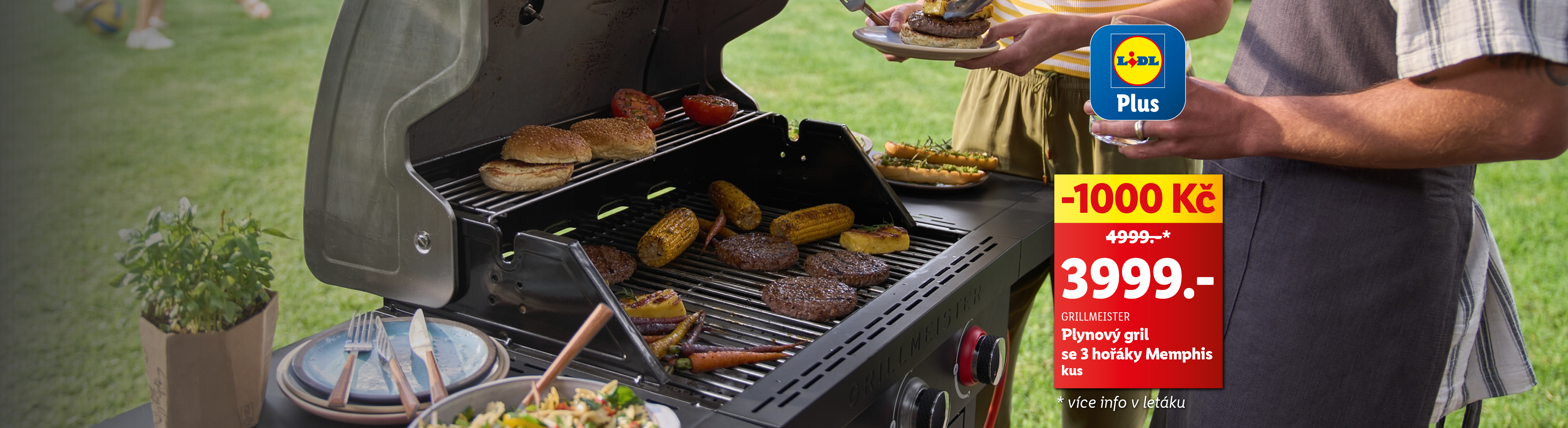 Plynový gril Grillmeister Memphis se třemi hořáky v akci v Lidlu.