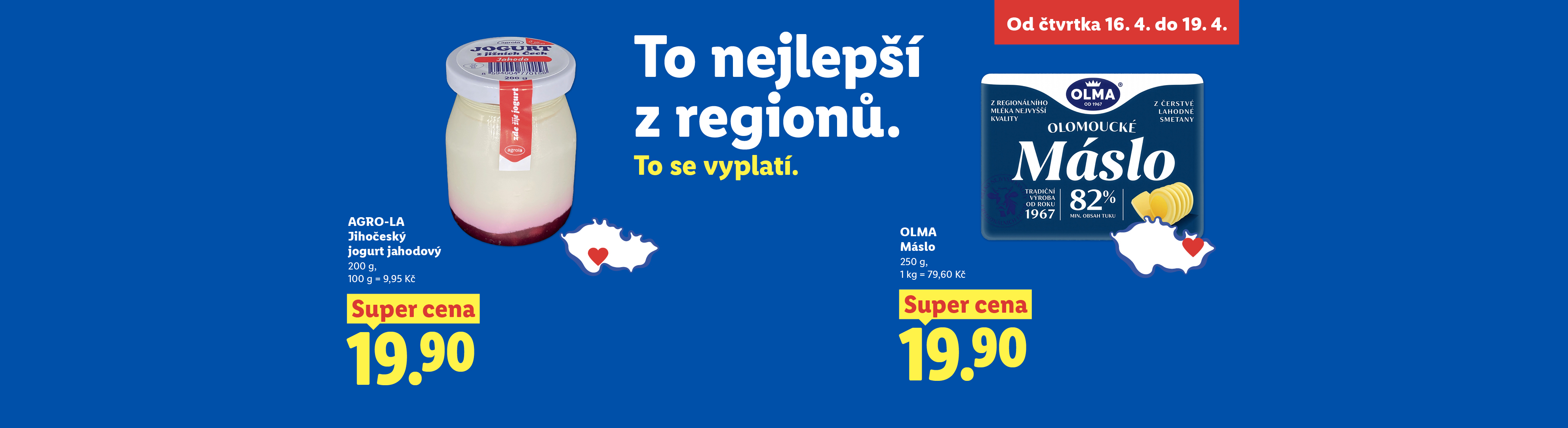 Reklama na jogurt a máslo s regionálními produkty a akční cenou.