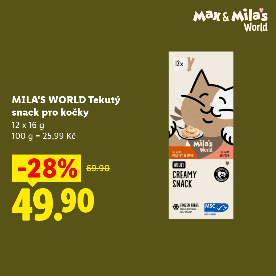 Tekutý snack pro kočky v akci se slevou 28 % za 49,90 Kč.