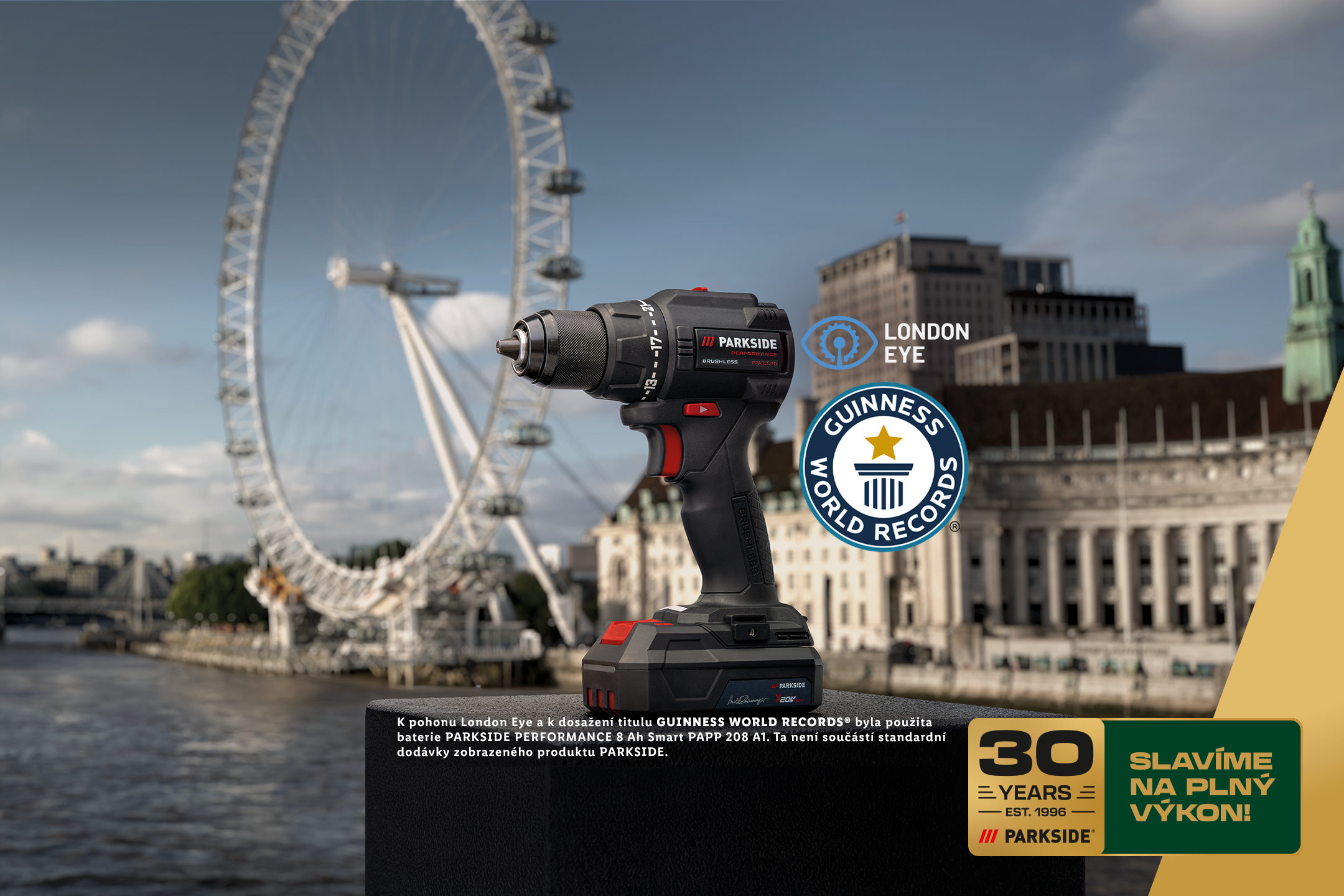 Aku vrtací šroubovák s logem Guinness World Records a London Eye, oslavující 30 značky Parkside.
