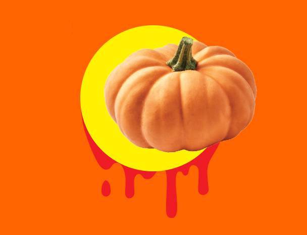 Dýně na žlutém kruhu s červenými kapkami na oranžovém pozadí.