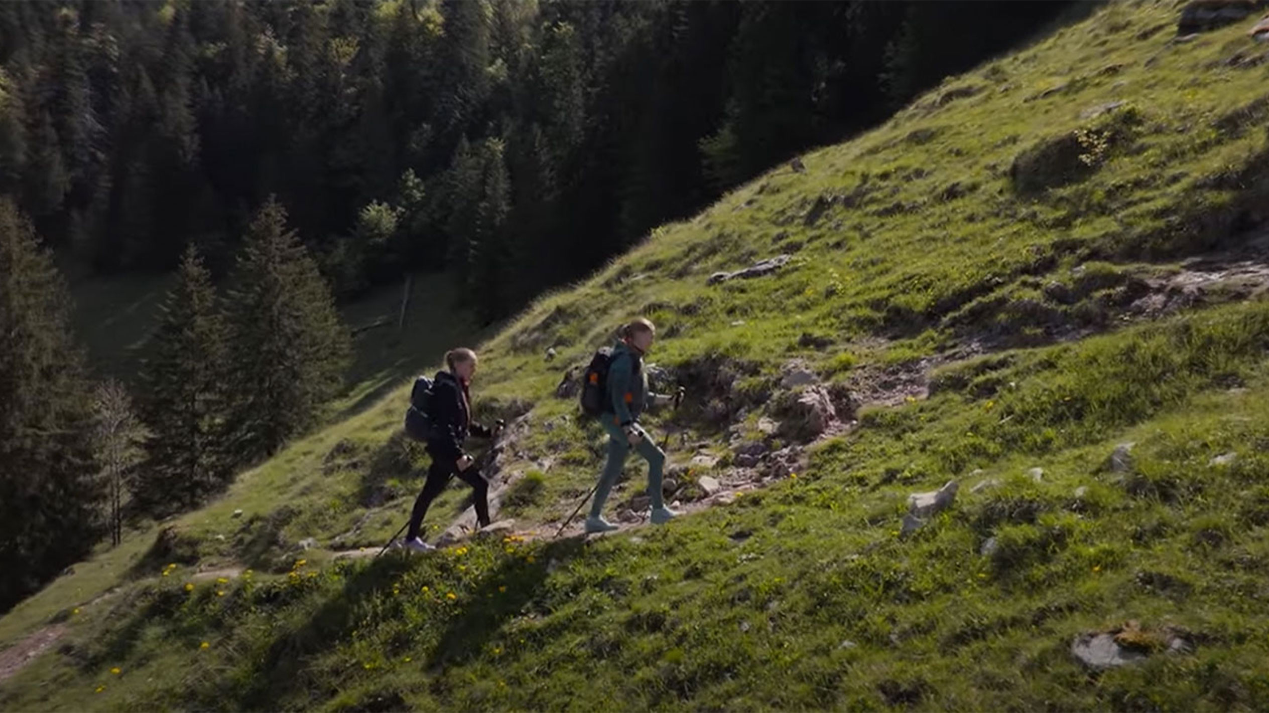 Dva turisté s batohy jdou po horské stezce.