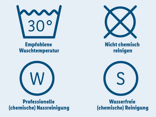 Symboly praní: praní na 30°C, nečistit chemicky, profesionální mokré čištění (W), chemické čištění (S).