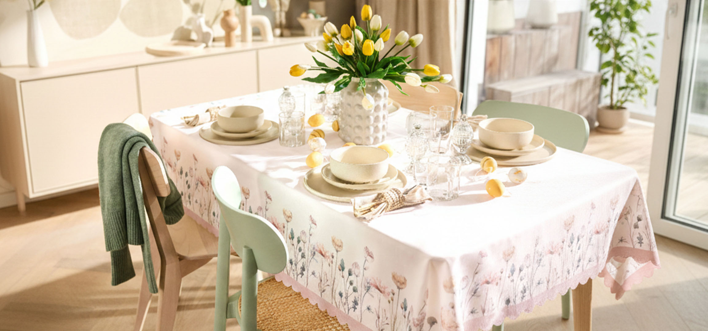 Velikonoční jídelní stůl se žlutými a bílými tulipány, elegantním nádobím a dekorativními vejci.