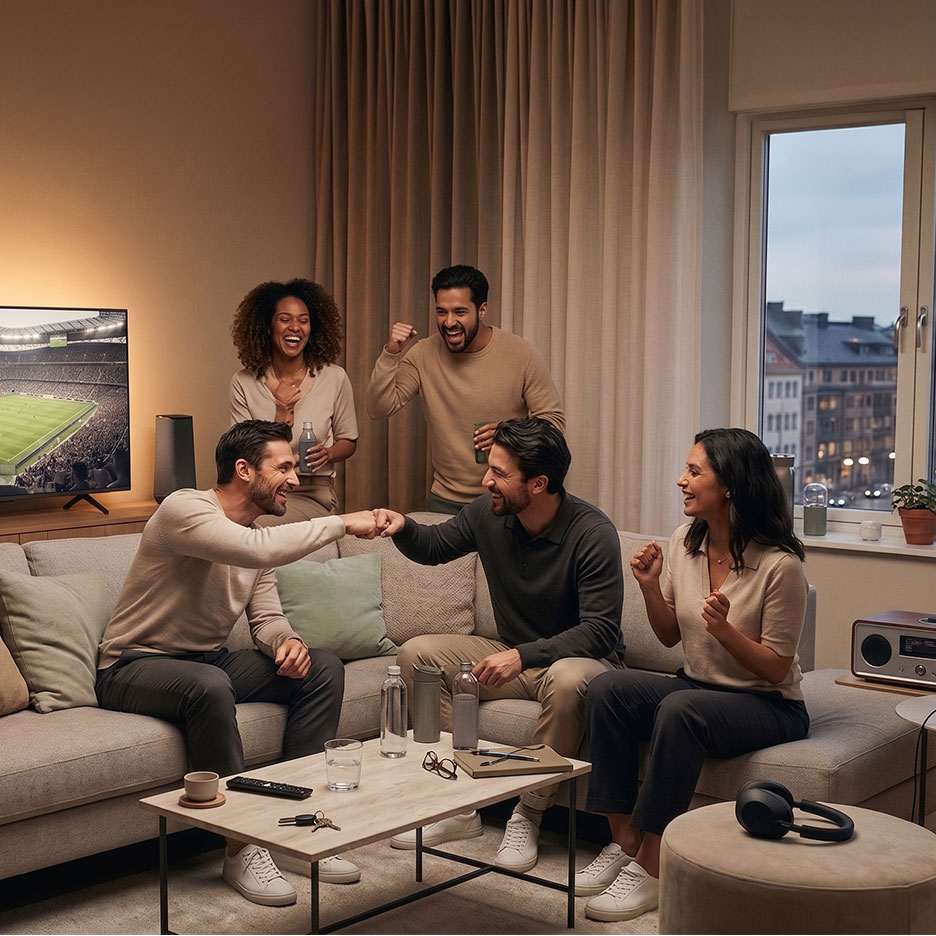 Přátelé sledují fotbal v televizi, sedí na pohovce a fandí.