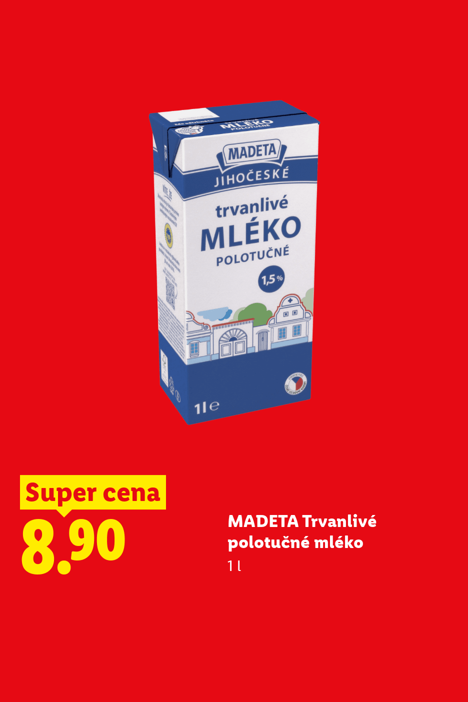 Trvanlivé polotučné mléko 1 l v akci za 8,90 Kč