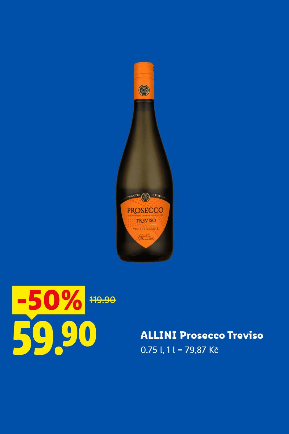 Láhev šumivého vína Prosecco Treviso v akci se slevou 50 % za 59,90 Kč.
