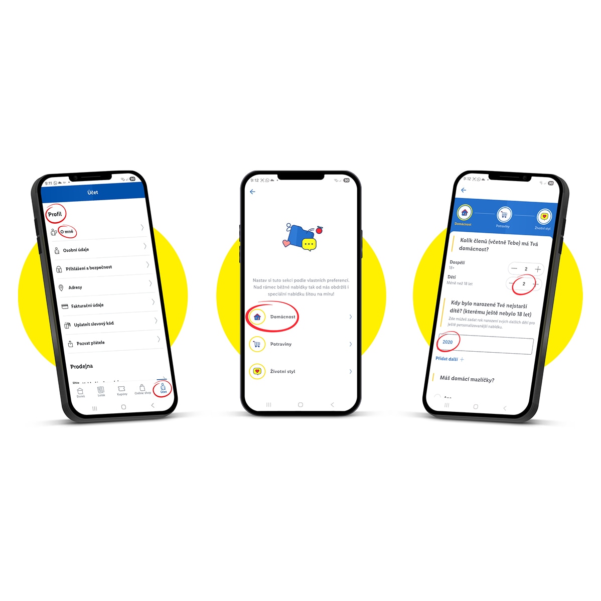 Tři mobilní telefony zobrazující nastavení účtu, domácnosti a preferencí pro personalizované nabídky.
