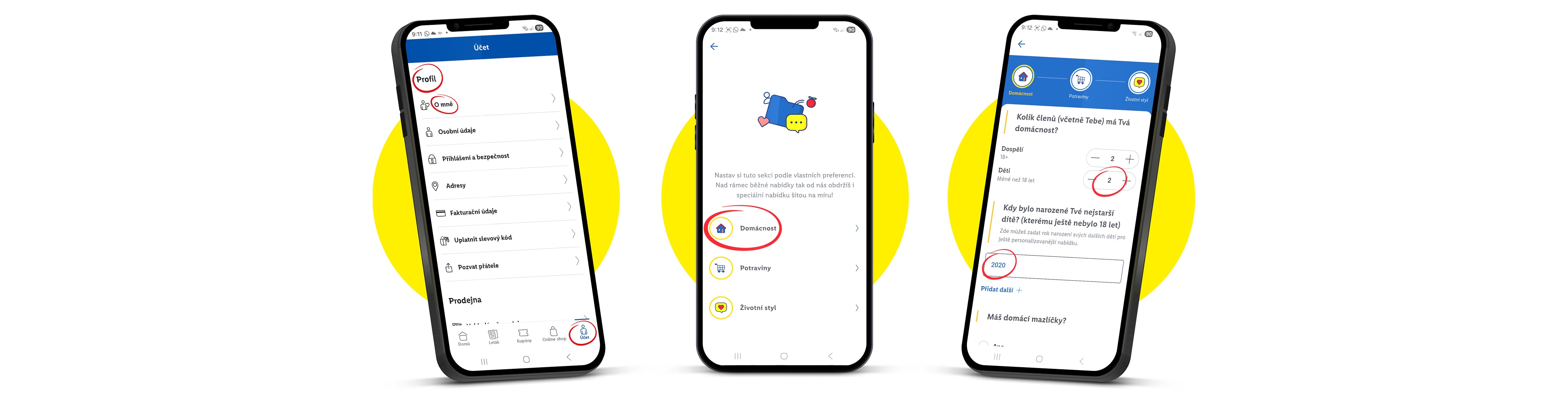 Tři telefony s aplikací pro nastavení domácnosti, preferencí a roku narození dítěte.