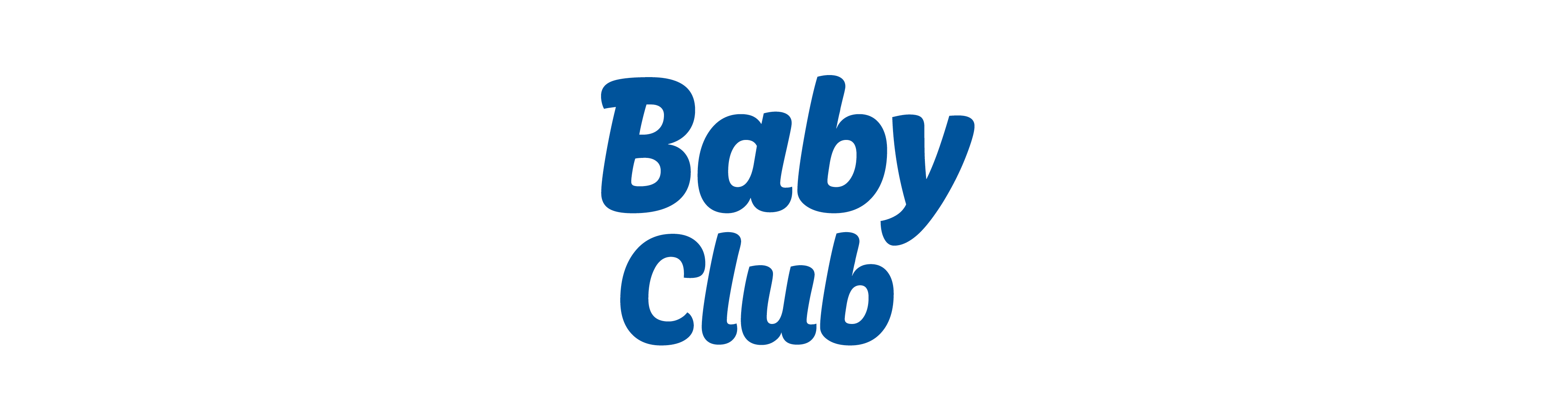 Logo Baby Club v modrém, kurzívním písmu na bílém pozadí.