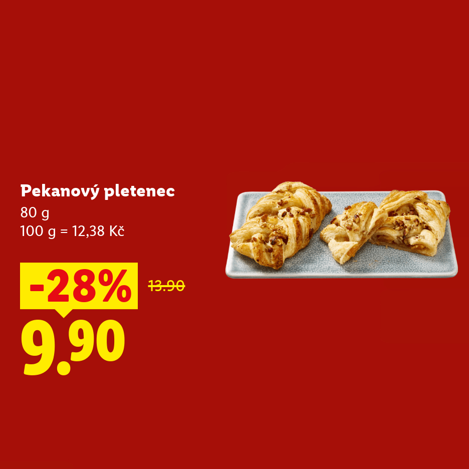 Pekanový pletenec 80 g za 9,90 Kč se slevou -28 % z původní ceny 13,90 Kč.