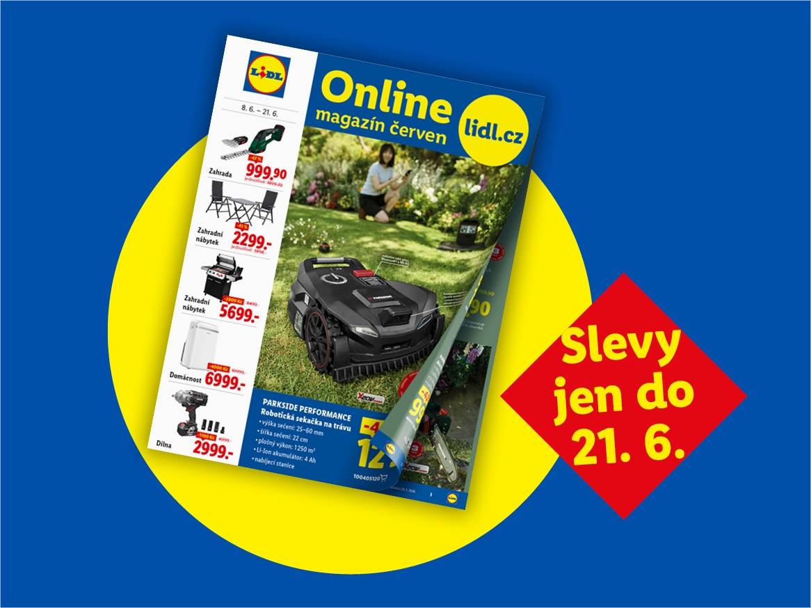 Lidl online magazín červen s nabídkou zahradního nábytku, robotické sekačky a nářadí atd.  slevy do 21. 6.