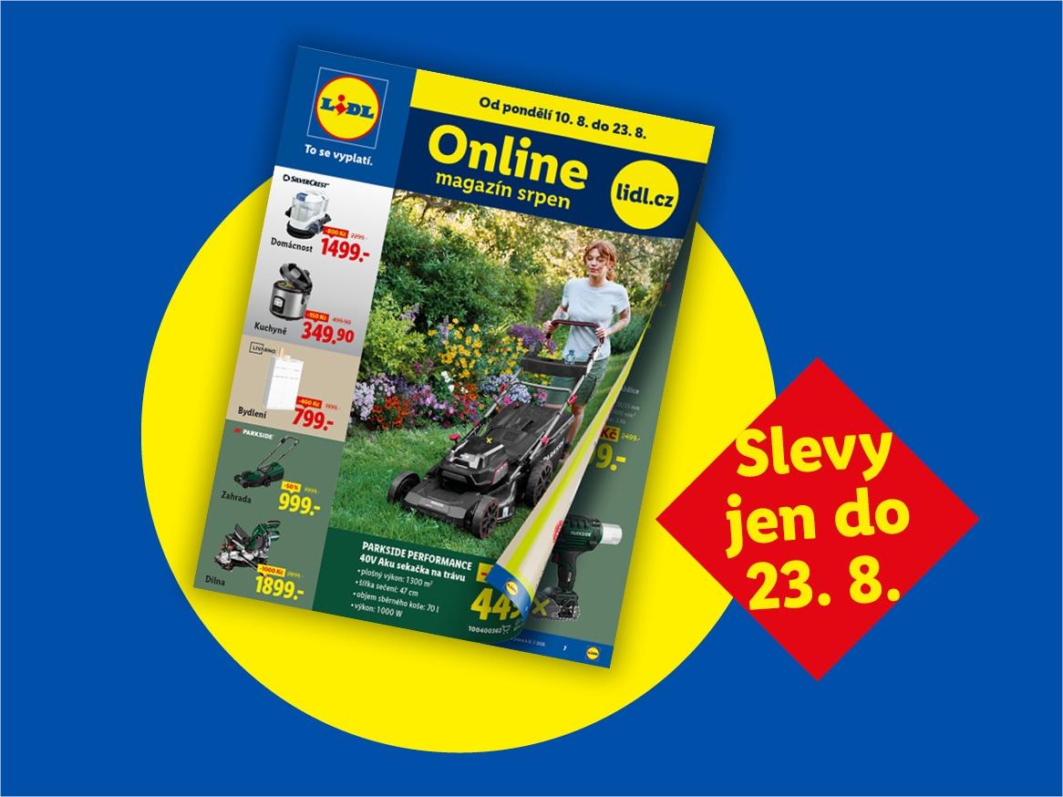 Lidl online magazín srpen s nabídkami pro domácnost, kuchyni, bydlení, zahradu a dílnu, slevy platí do 23. 8.