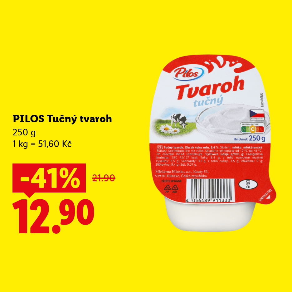 Tučný tvaroh 250 g v akci za 12,90 Kč.