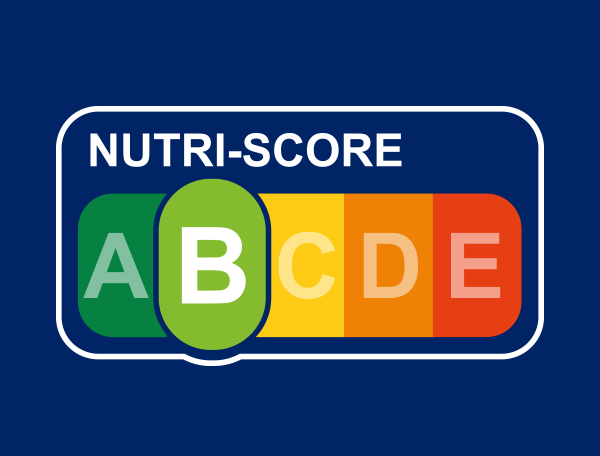 Nutri-Score hodnocení s písmeny A, B, C, D, E, kde B je zvýrazněno.