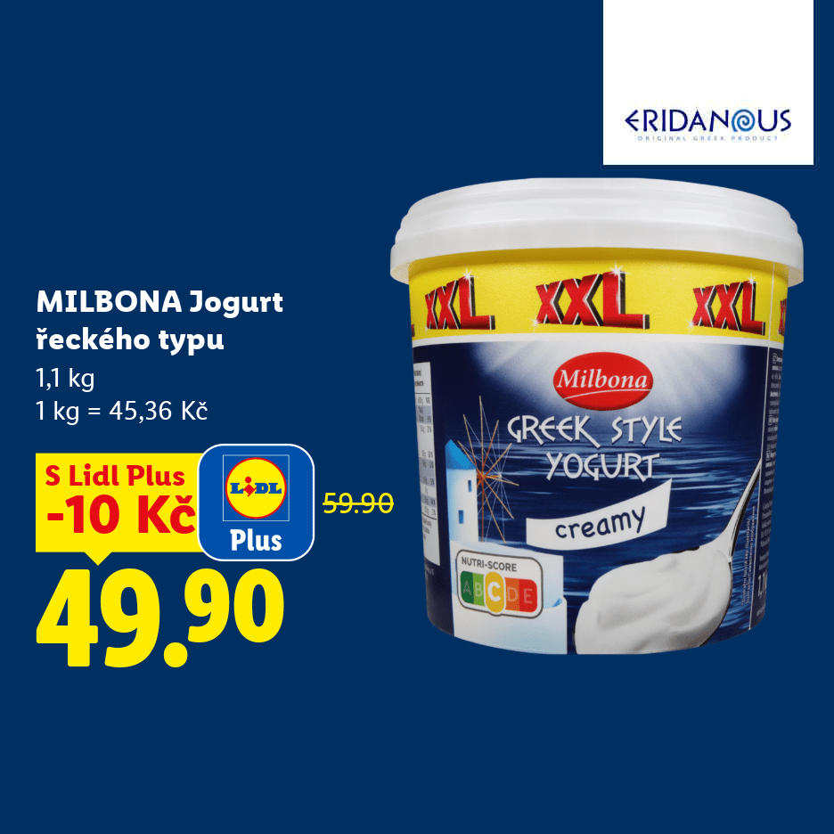 Milbona Jogurt řeckého typu, 1,1 kg za 49,90 Kč s Lidl Plus, původní cena 59,90 Kč.