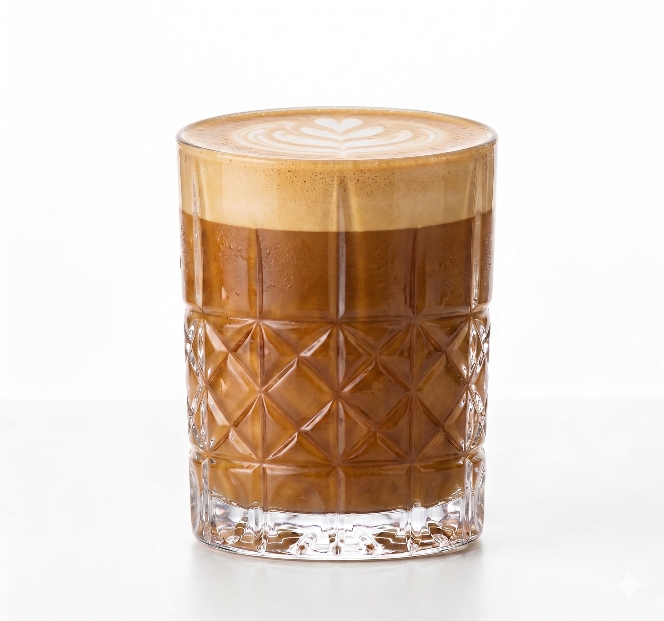 Káva latte s pěnou a latte artem v texturované sklenici.