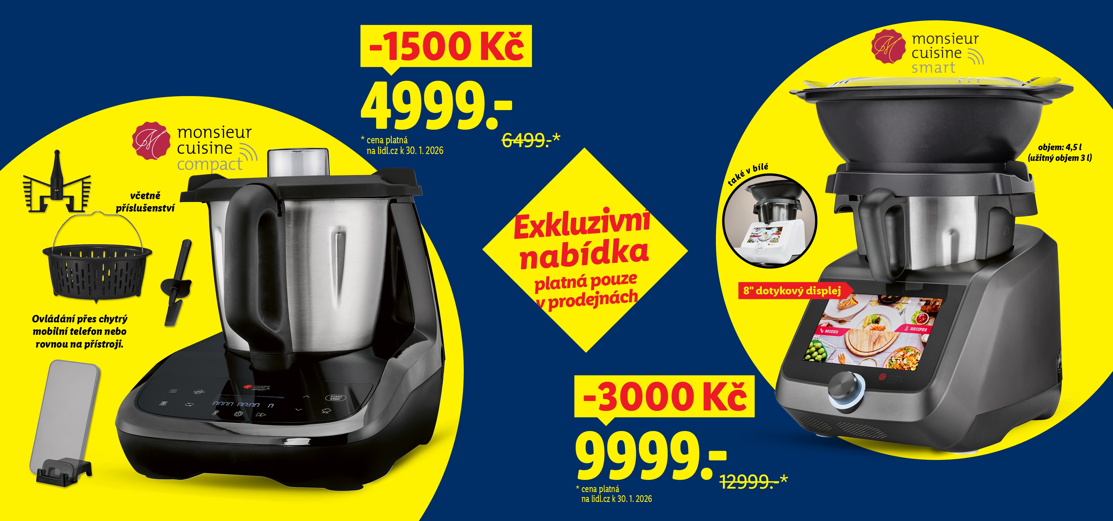 Dva kuchyňské roboty, jeden kompaktní s příslušenstvím a druhý chytrý s 8' dotykovým displejem, oba s výraznými slevami.