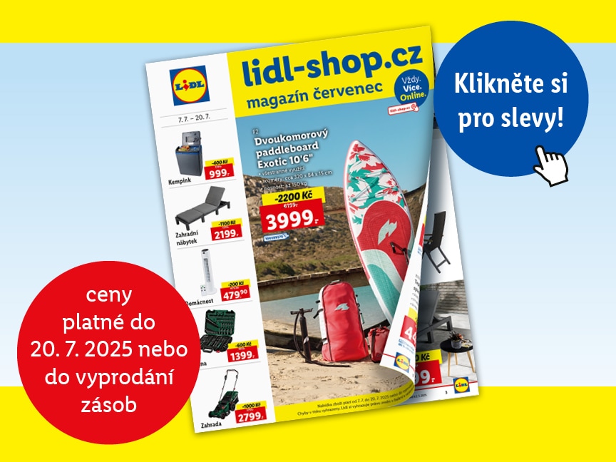 Červencový magazín, na titulce paddleboard, ceny platné do 20.7. nebo do vyprodání zásob.