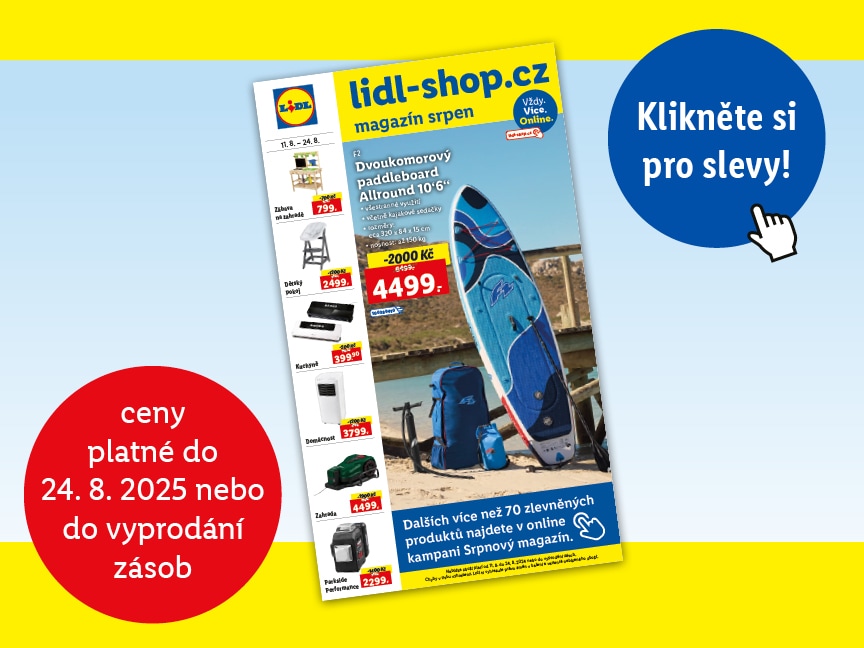 Lidl-shop.cz magazín s paddleboardem a informacemi o slevách.