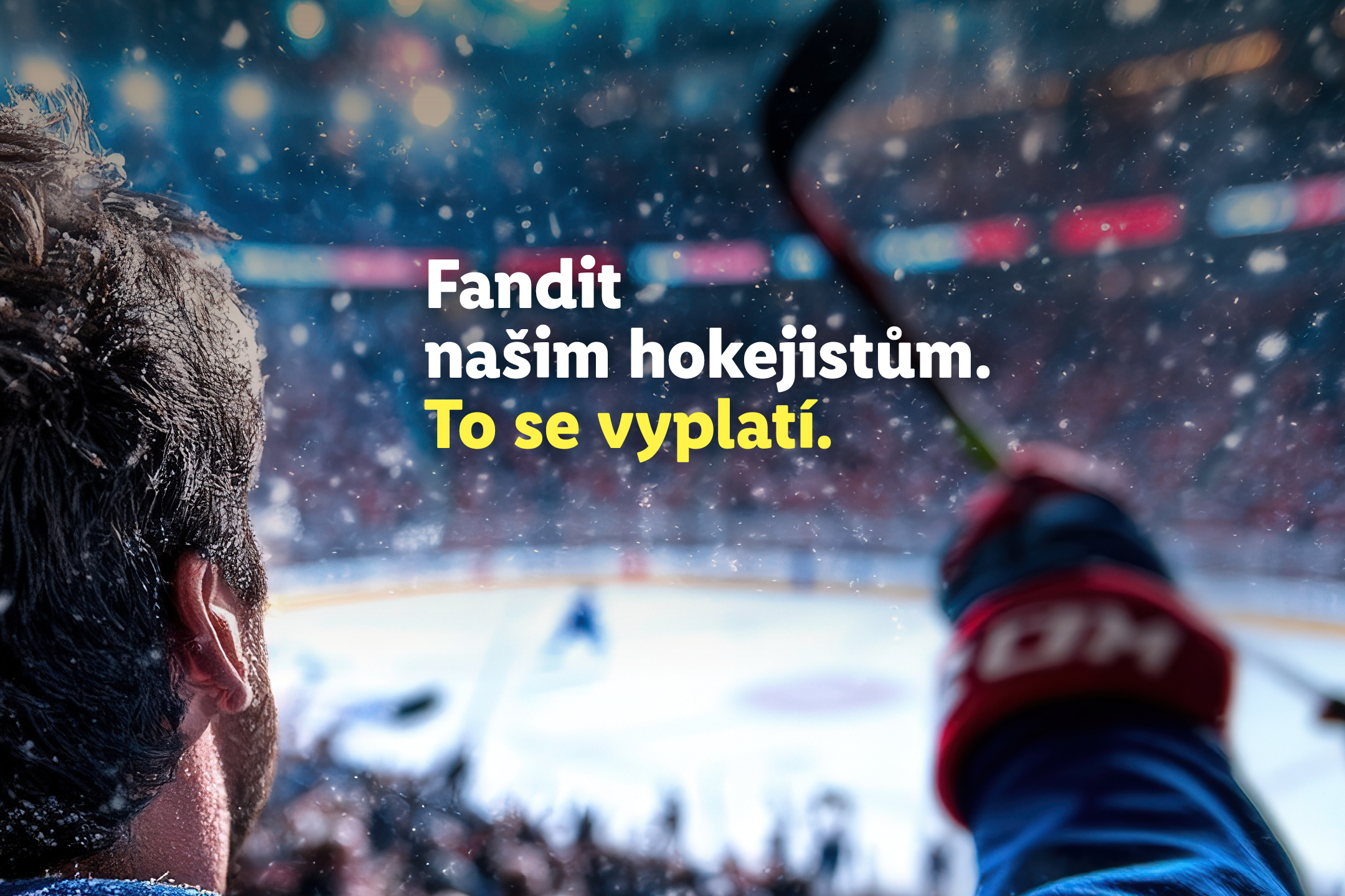 Fanoušek sleduje hokejový zápas, text: Fandit našim hokejistům. To se vyplatí.
