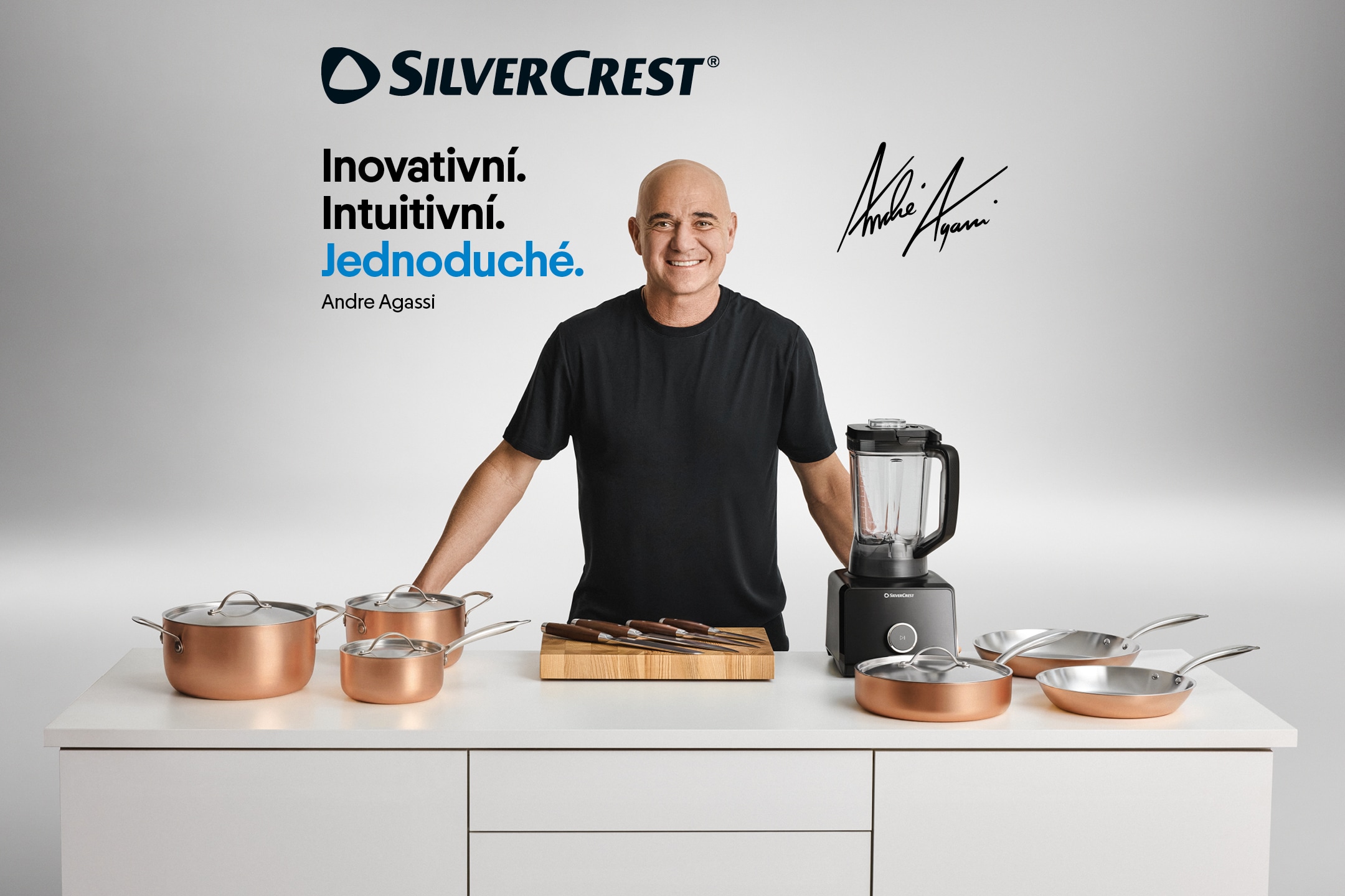 Andre Agassi představuje kuchyňské nádobí, nože a mixér s mottem Inovativní. Intuitivní. Jednoduché.