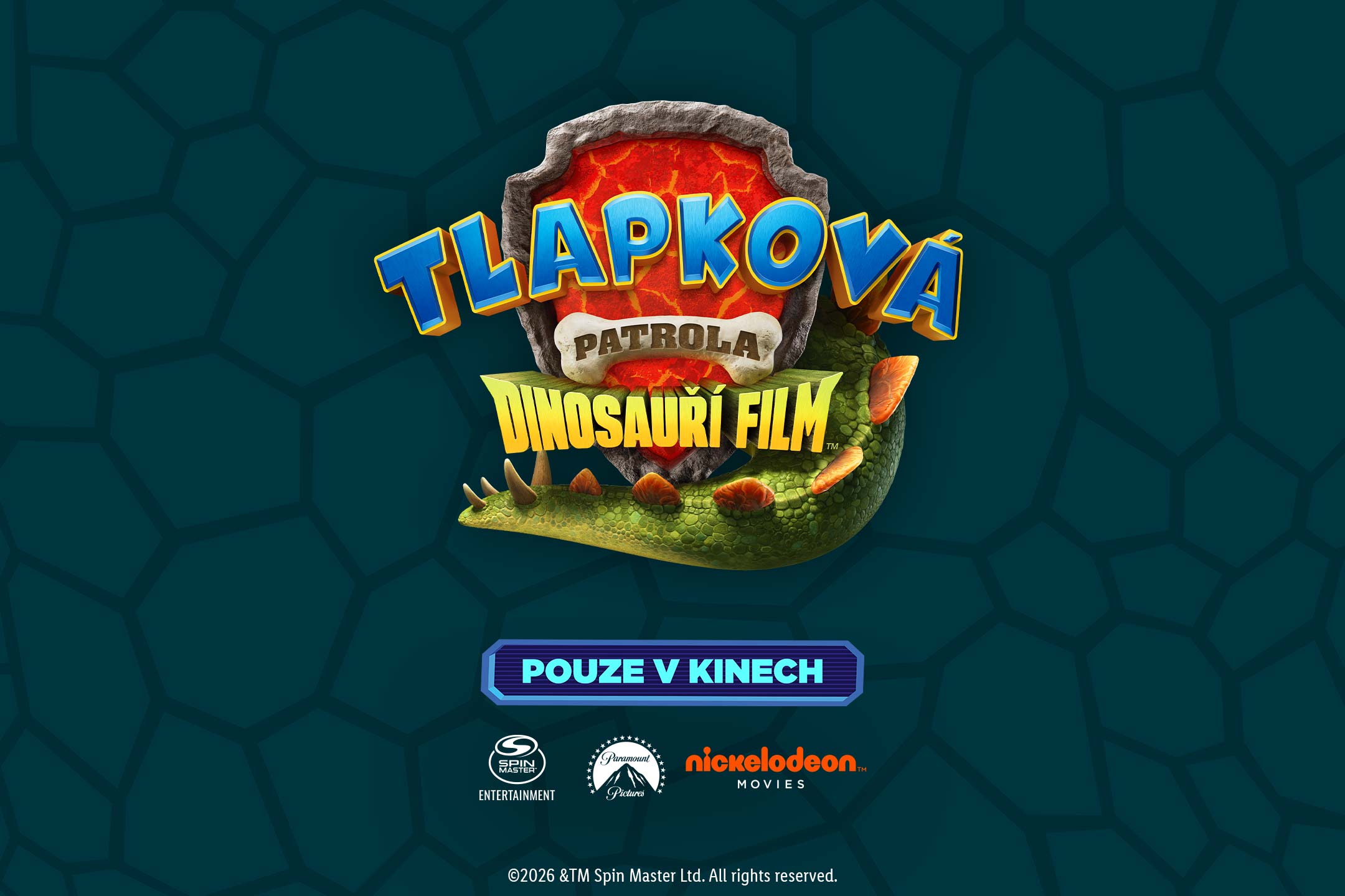 Štěňata z Tlapkové patroly a dinosauři v džungli, s nápisem 'Tlapková patrola: Dinosauří film'.