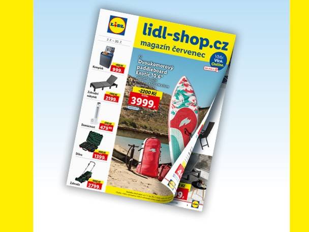 Lidl-shop magazín červenec s paddleboardem, zahradním nábytkem a dalšími produkty.