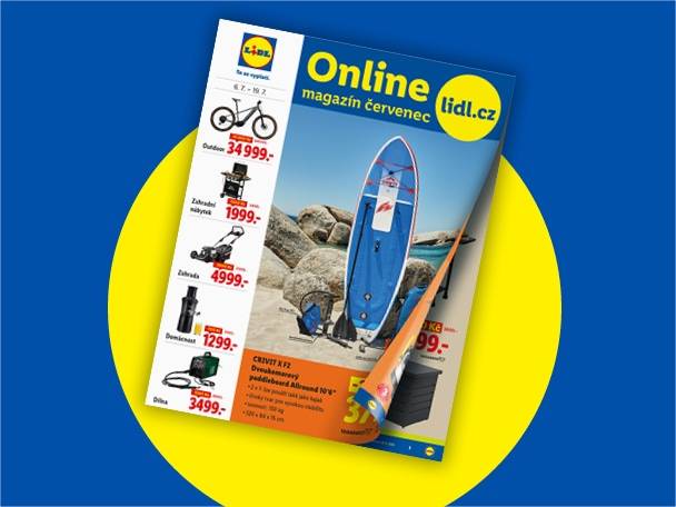 Online magazín s paddleboardem na obálce a nabídkou jízdního kola, grilu, sekačky a dalšího zboží.