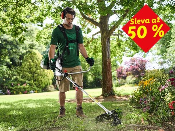 Muž s křovinořezem v zahradě, sleva až 50 %.