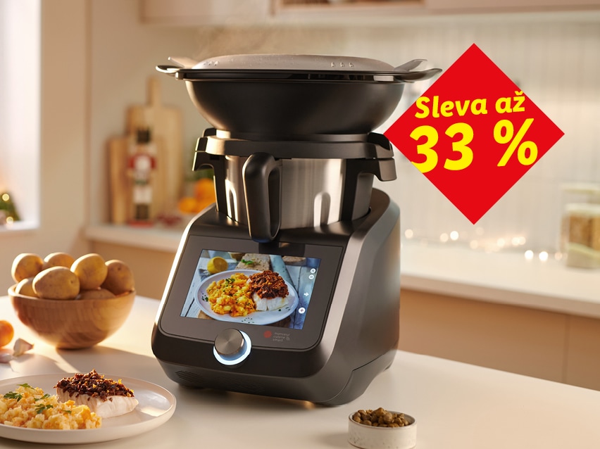 Multifunkční kuchyňský robot Monsieur Cuisine s nápisem Sleva až 33 %