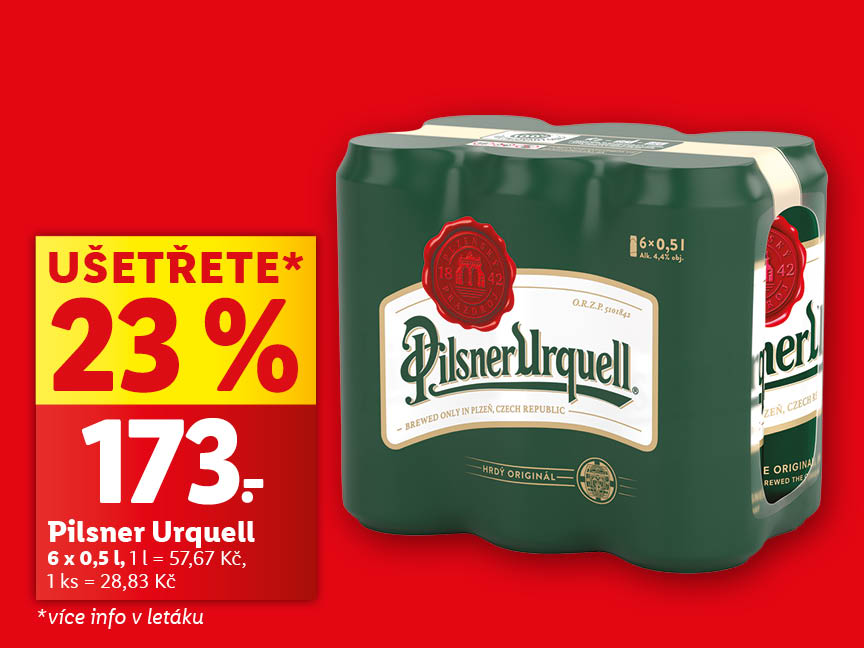 Pilsner Urquell, 6 x 0,5 l za 173 Kč, ušetřete 23 %