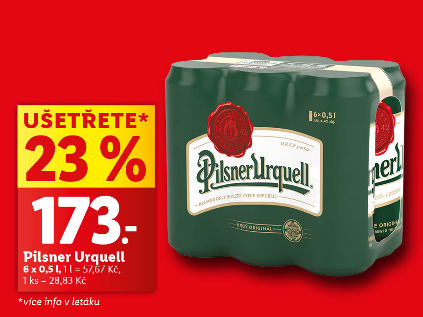 Šest plechovek Pilsner Urquell za 173 Kč s 23% slevou.