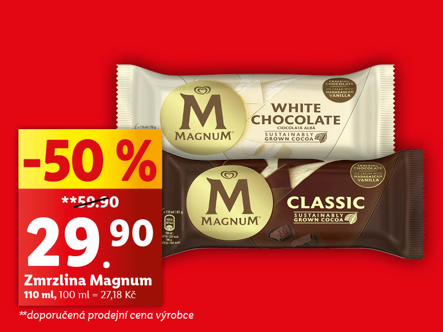 Sleva 50% na zmrzlinu Magnum: klasická a bílá čokoláda.